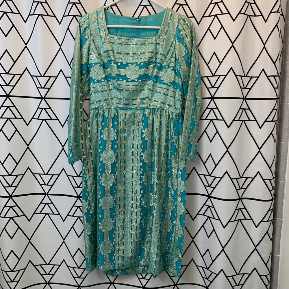 Vintage handmade 60s gold metallic peacock blue shift dress - Picture 9 of 12